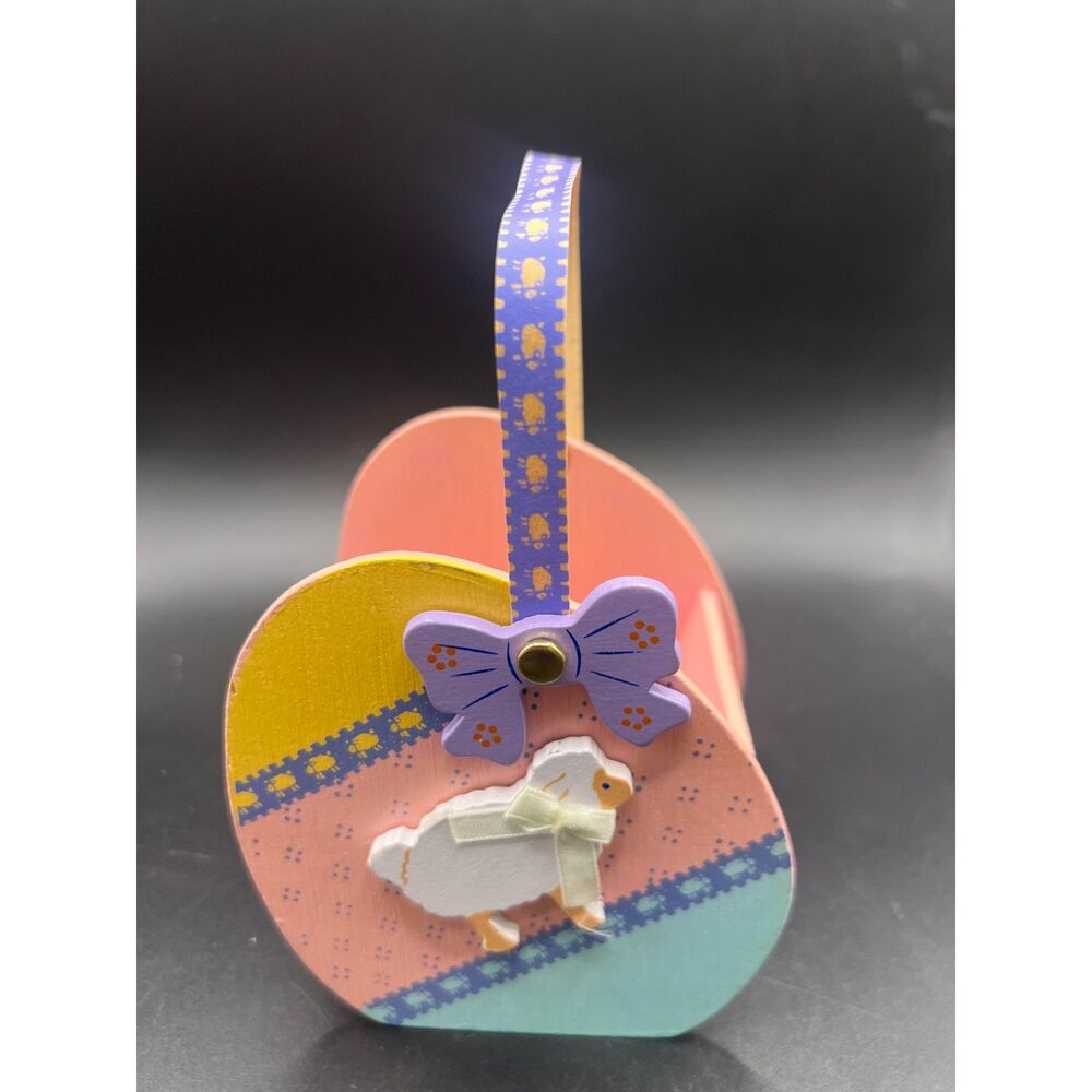 Tuesday Morning Happy Easter Wooden Egg Shape Basket w/ Purple Bow & Sheep